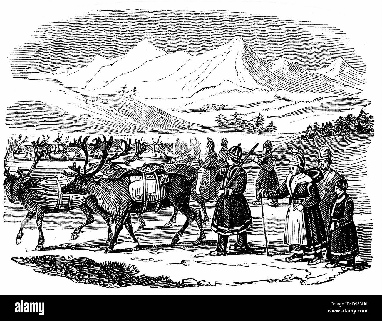 Lapps setting out on a migration with reindeer carrying packs. Nomadic herdsmen of Arcitic regions whose reindeer provided food, clothing, tools and transport.  Wood engraving 1840. Stock Photo