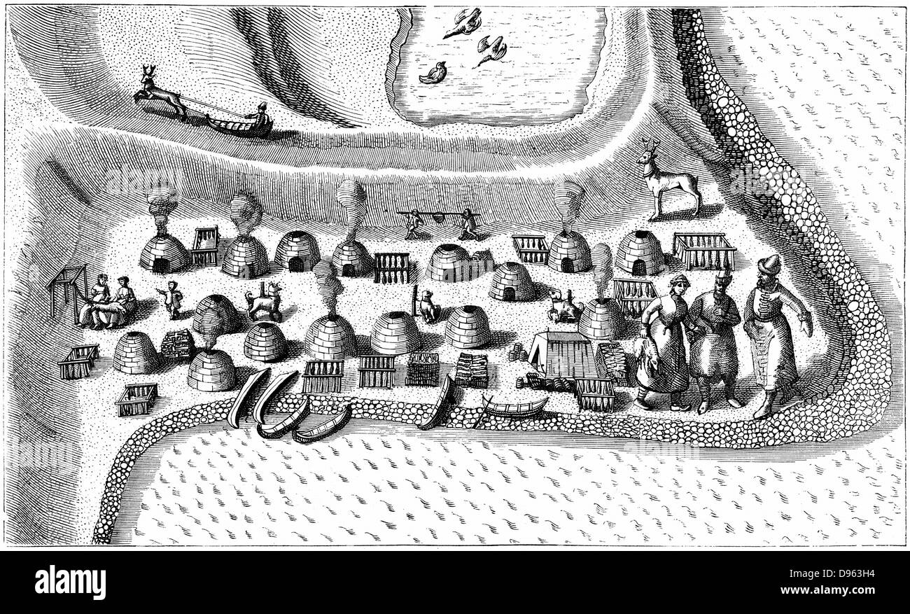 Settlement in Russian Lapland in 1594, showing meat and fish being preserved. After Jan Huyghen van Linschoten 'Voyagie … van by Noorden om langes Noorwegen de Noortcaep, Laplant ….', 1601. Engraving Stock Photo