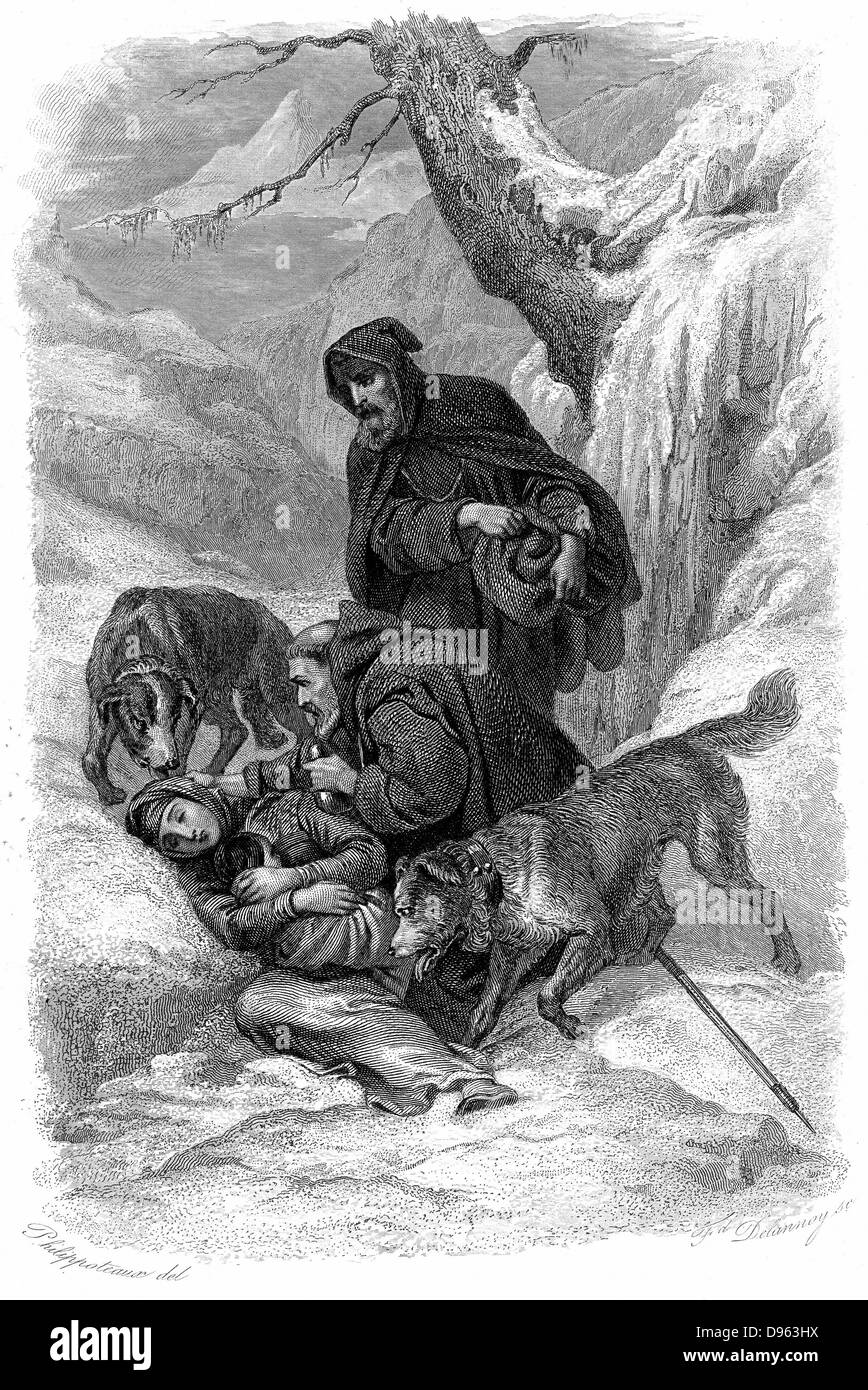 Augustinian canons and their St Bernard dogs from the hospice of Great St Bernard, Switzerland, rescuing a traveller collapsed in the snow. Founded by St Bernard of Menthon (923-1008). Copperplate engraving Stock Photo