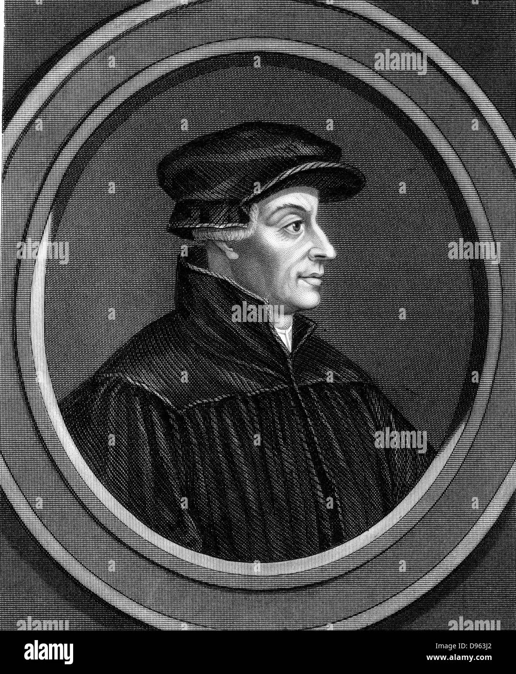 Ulrich Zwingli (1481-1531) Swiss Reformation divine. Chaplain to Swiss forces during Second War of Kappel when he was killed in battle. Steel engraving, 1851 Stock Photo