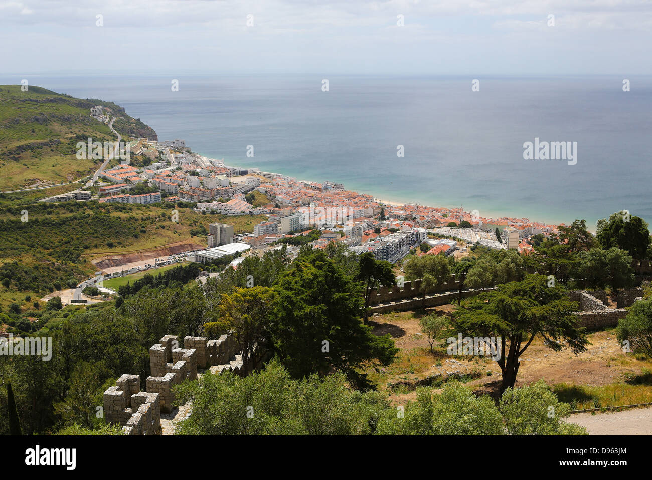View on the center of Sesimbra, Portugal, from the famous Moorish castle. Stock Photo