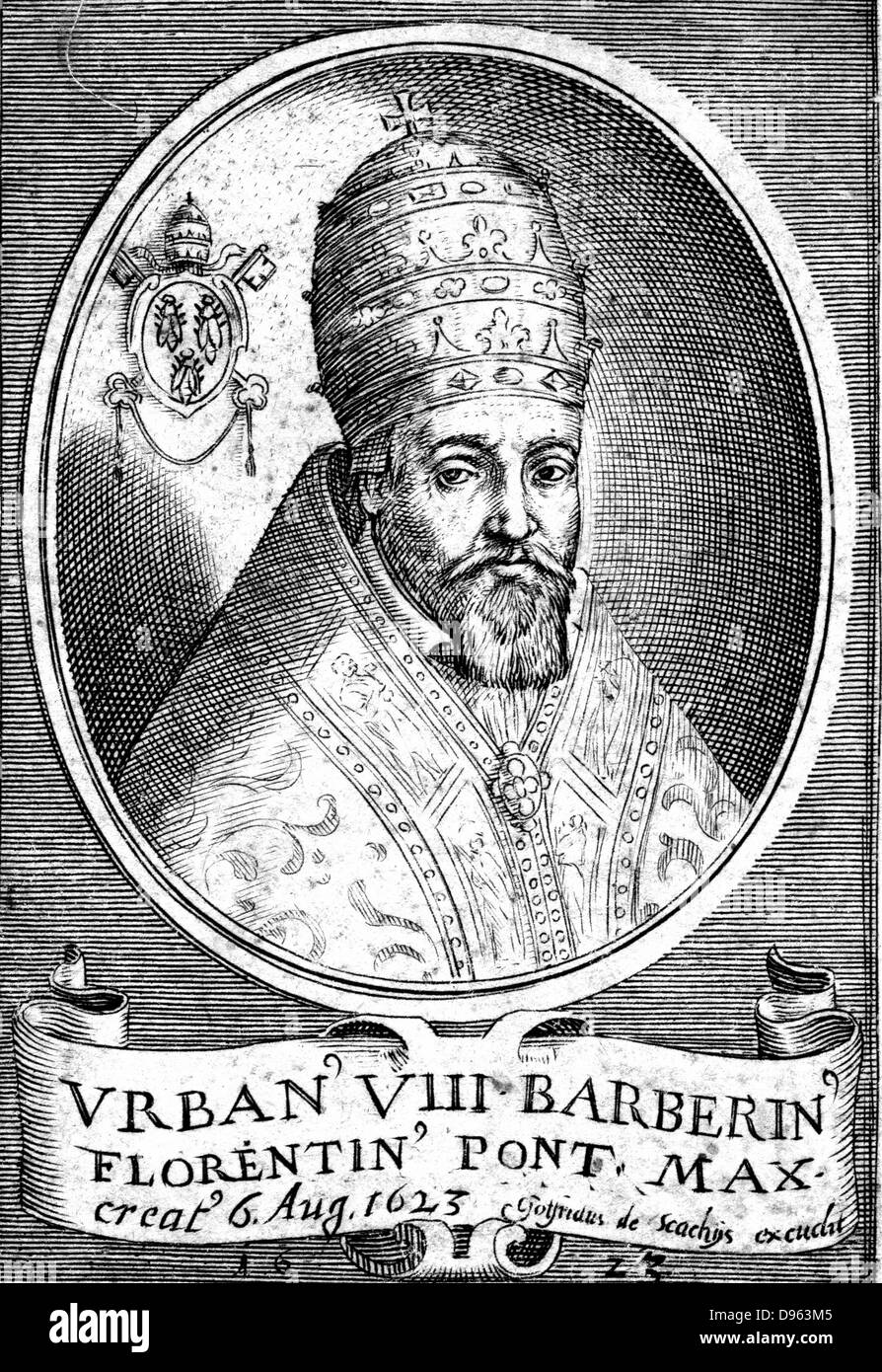 Urban VIII (Maffeo Barberini, 1568-1644) Pope from 1623.  Galileo's friend and dedicatee of his' Il Saggiatore' who, as Pope, condemned him for his heretical theories.  Copperplate engraving. Stock Photo