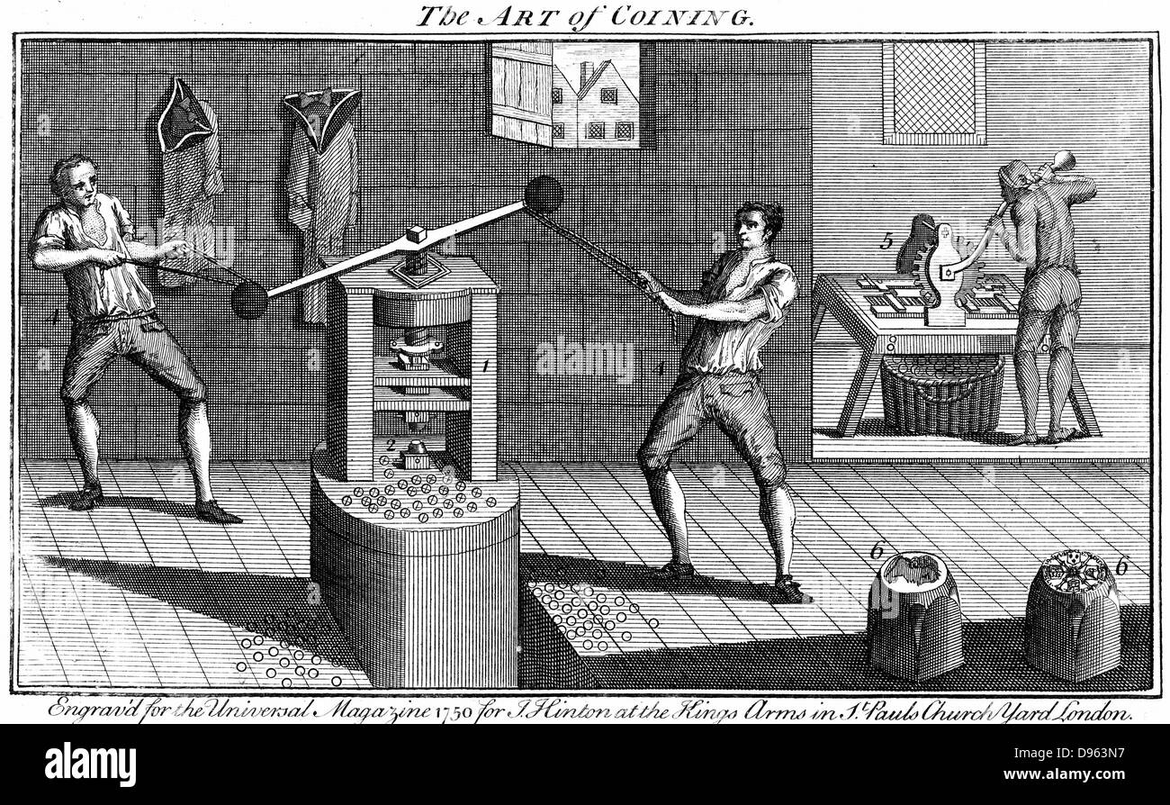 Minting coins: 6,6 at bottom right are dies that would be put in press, 1, in which coins stamped out.   From 'The Universal Magazine' (London 1750). Copperplate engraving. Stock Photo