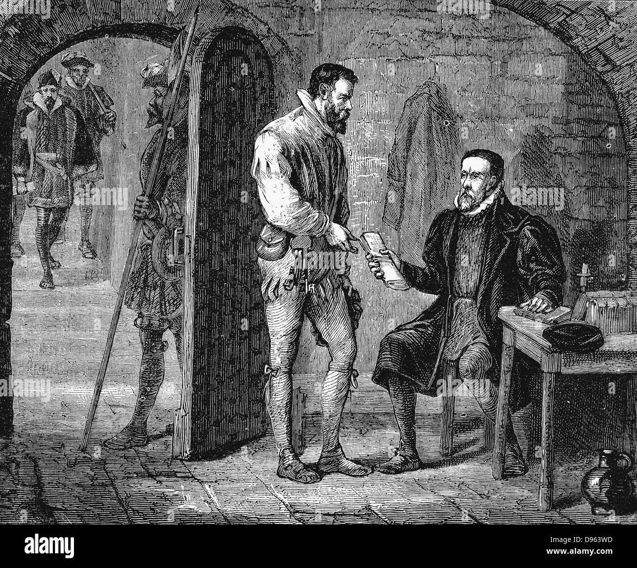 William Tyndale of Tindale (c1494-1536), English translator of the Bible, on morning of his death, giving his jailer a packet for John Rogers (pseudonym of Thomas Mather) thought to have contained his work on the Old Testament. Late 19th century wood engraving. Stock Photo