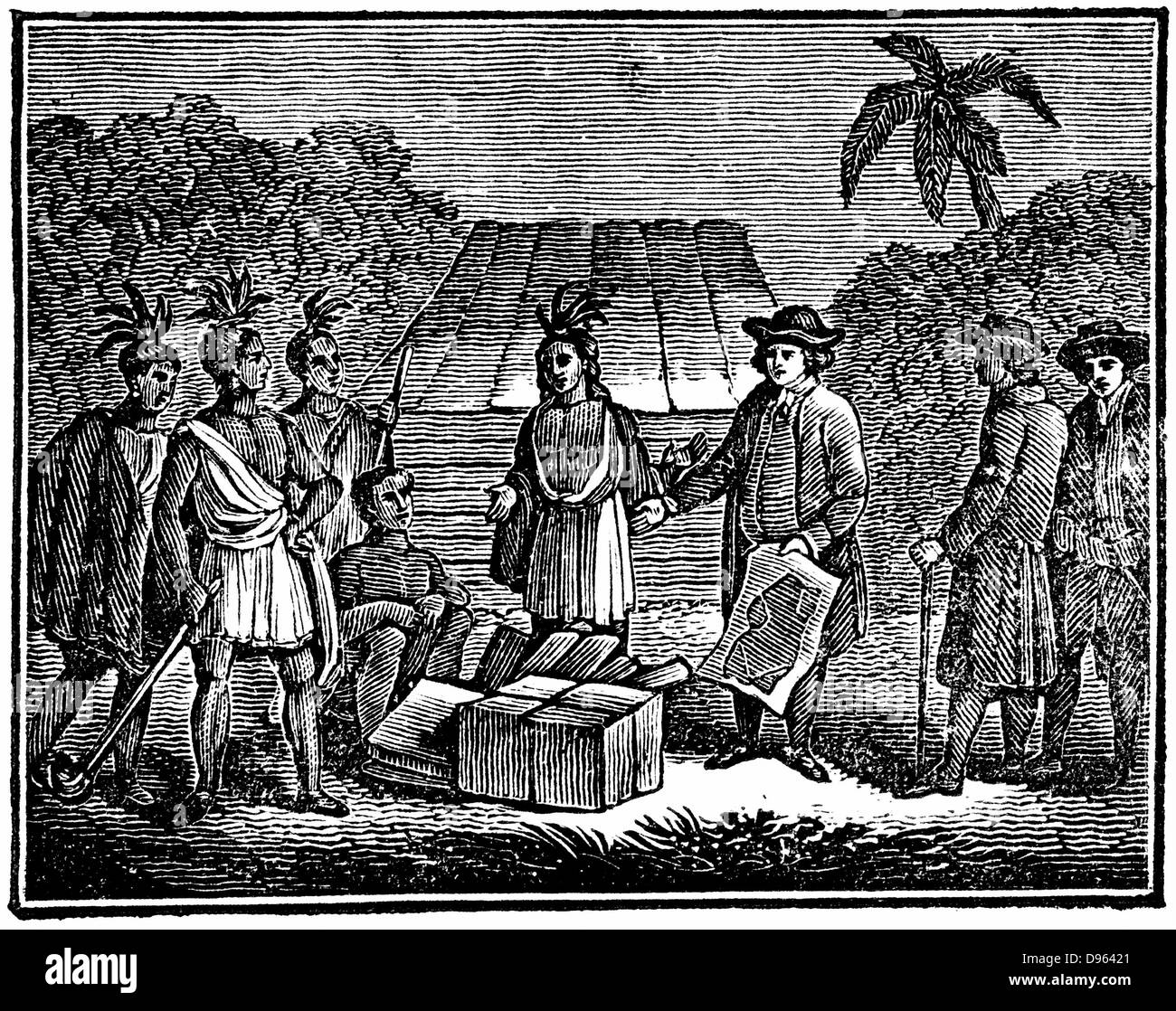 William Penn (1644-1718) English Quaker colonist, treating with Native Americans on the site of what is now Philadelphia. Woodcut, 1830 Stock Photo