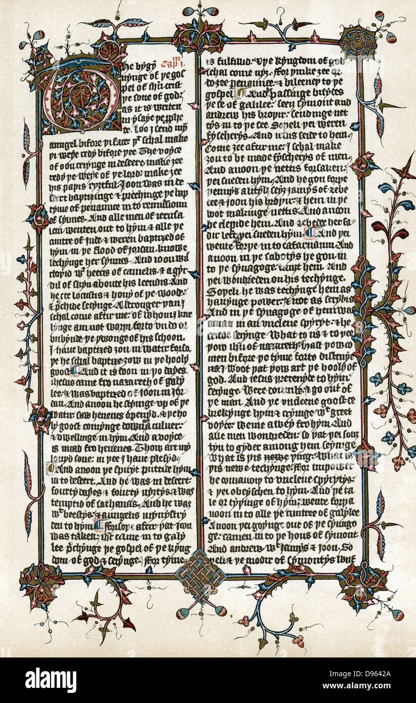 Page from Wycliffe's translation of the 'Bible' into English c1400.  'The bygynynge of ye gospel of Jesus Christ ye sone of God'  St Mark's gospel.  John Wycliffe (c1329-84) English religious reformer.  After Egerton manuscript. Stock Photo