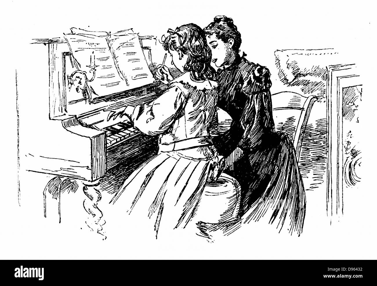 Young girl being given a piano lesson. Wood engraving, Paris, 1889 Stock Photo