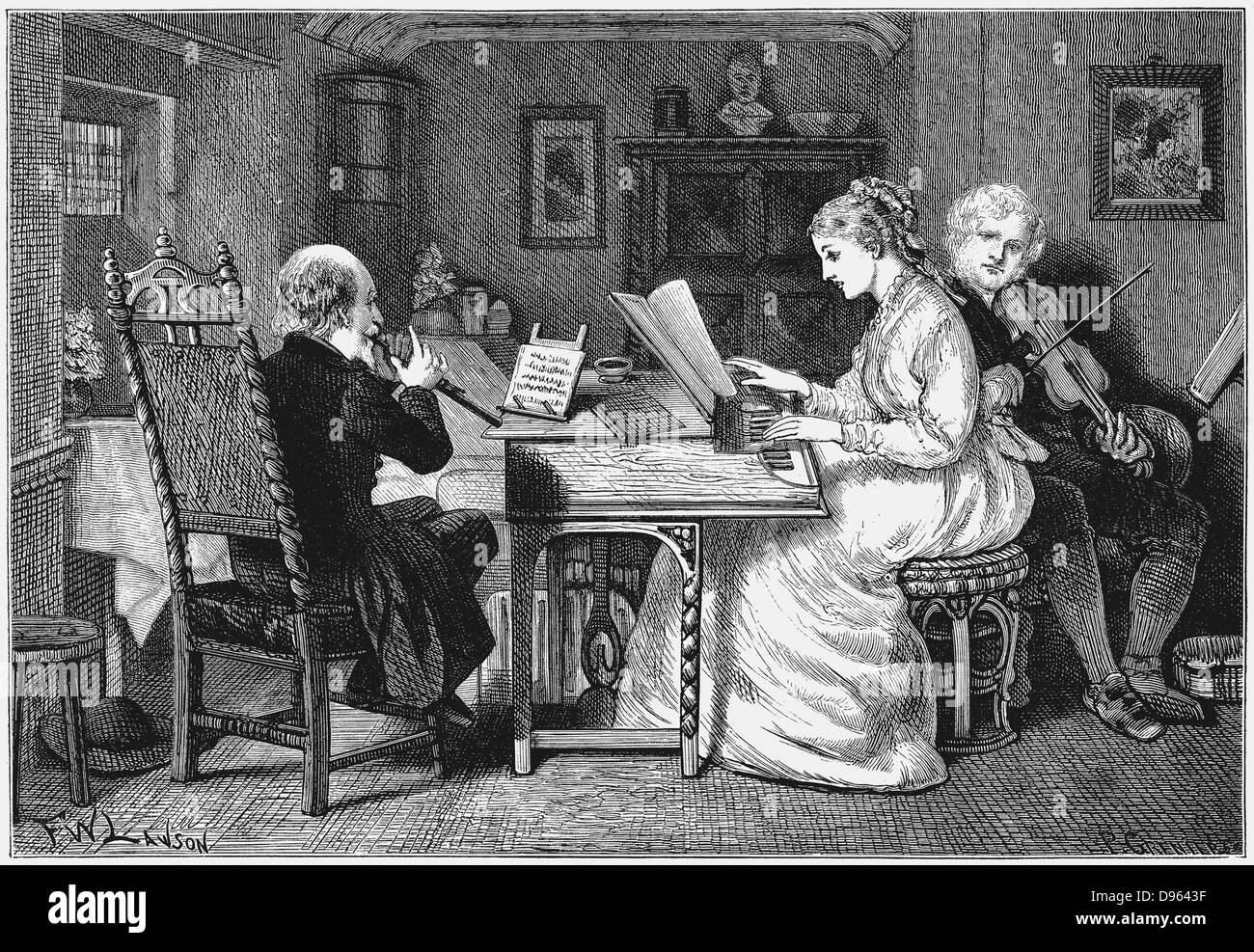 Making music.Woman at keyboard men playing violin and clarinet(?). Illustration by Francis Wilfrid Lawson. Wood engraving, London, 1874. Stock Photo