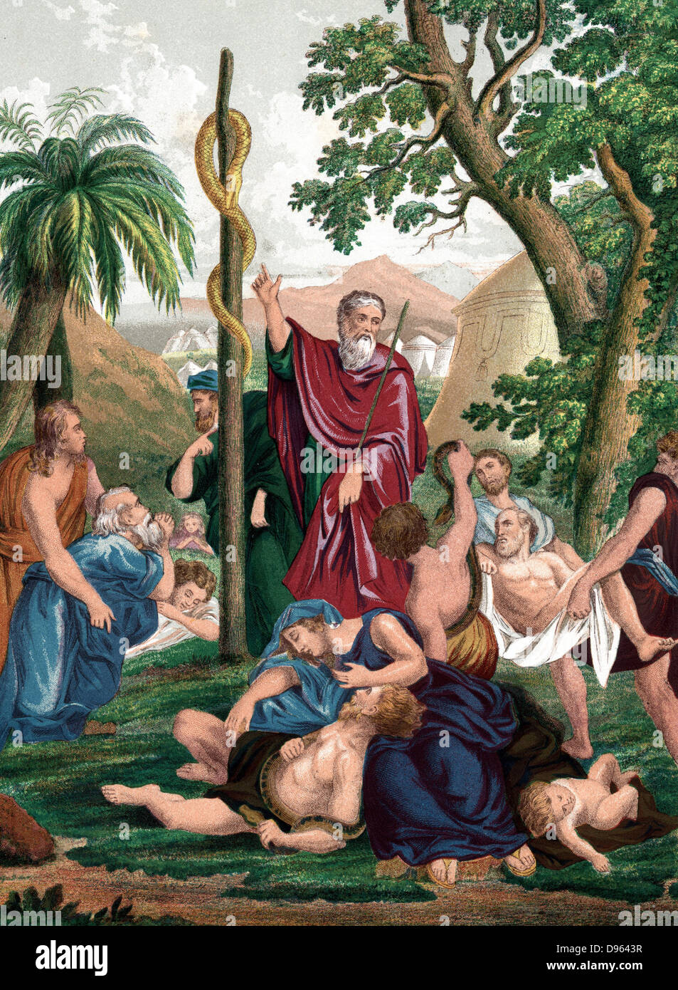 Moses, having interceded with God on behalf of Israelites in the wilderness, instructs them to look on brazen serpent he has made and they will be cured of their snake bites.  'Bible' Numbers 21.  Chromolithograph c1860 Stock Photo