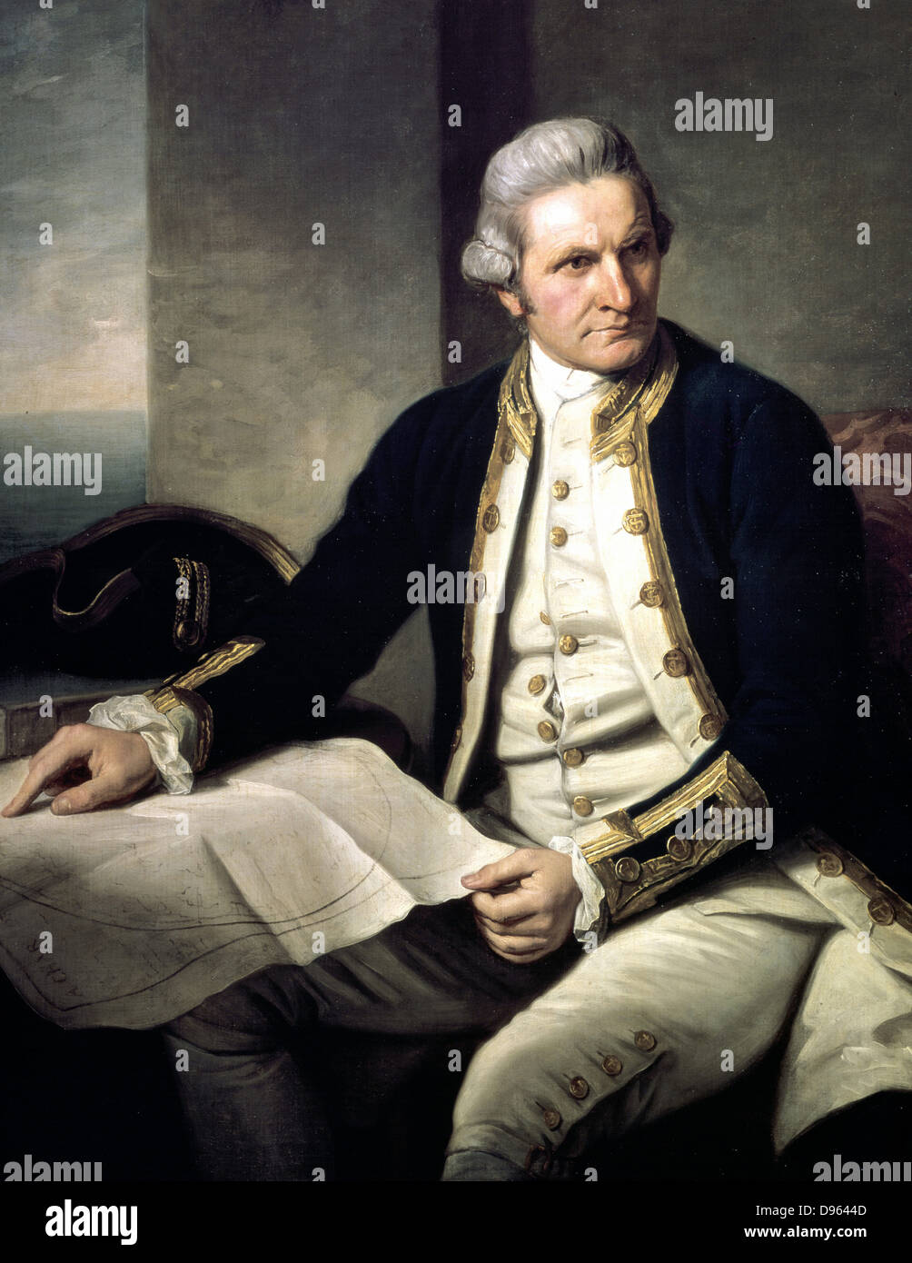 James Cook (1728-79) English explorer and navigator and hydrographer in naval uniform, seated, with hand on map of the world. Portrait by Nathaniel Dance (1735-1811) English painter. Stock Photo