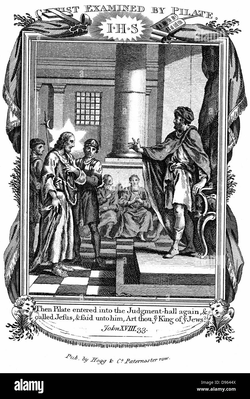 Pontius Pilate (dc36) Roman governor of Jerusalem, asking Jesus 'Art thou the King of the Jews?'.  'Bible' John 18.33.  Copperplate engraving c1808 Stock Photo