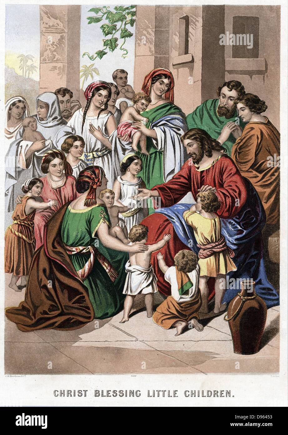 Christ and the little children. 'Whosoever shall not receive the kingdom of God as a little child, he shall not enter therein'.  'Bible' Mark 10.  Mid-19th century chromolithograph by Kronheim & Co. Stock Photo