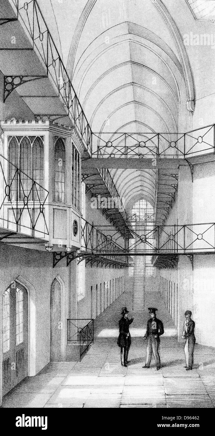 Reading Gaol, Berkshire, England. Opened 1844 and on the same plan as model the prison at Pentonville, arranged in 4 wings joined by central Inspection Hall. Approximately  520 cells, each with hammock, stool, table, gas light, wash basin and WC. Lithograph. Oscar Wilde imprisoned here after his disgrace. Stock Photo