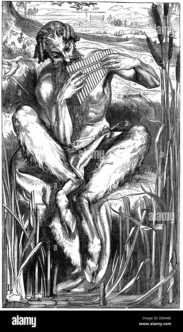 Pan playing his pipes. Illustration by Frederic, Lord Leighton (1830-1896) for Elizabeth Barrett Browning's poem 'A Musical Instrument' What is he doing, thre great god Pan/Down in the reeds by the river?. Wood engraving, London, 1862. Stock Photo