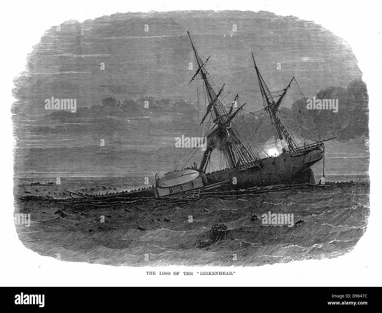 Loss of iron paddle-steamer troop ship 'Birkenhead' off Simon's Bay South Africa 26 February 1852.  Commanding officer, Colonel Seton, gave the order Women and children first.  Men stood on deck awaiting their fate. Of 638 on board 184 were saved by the boats. The vessel going down. Wood engraving. Stock Photo
