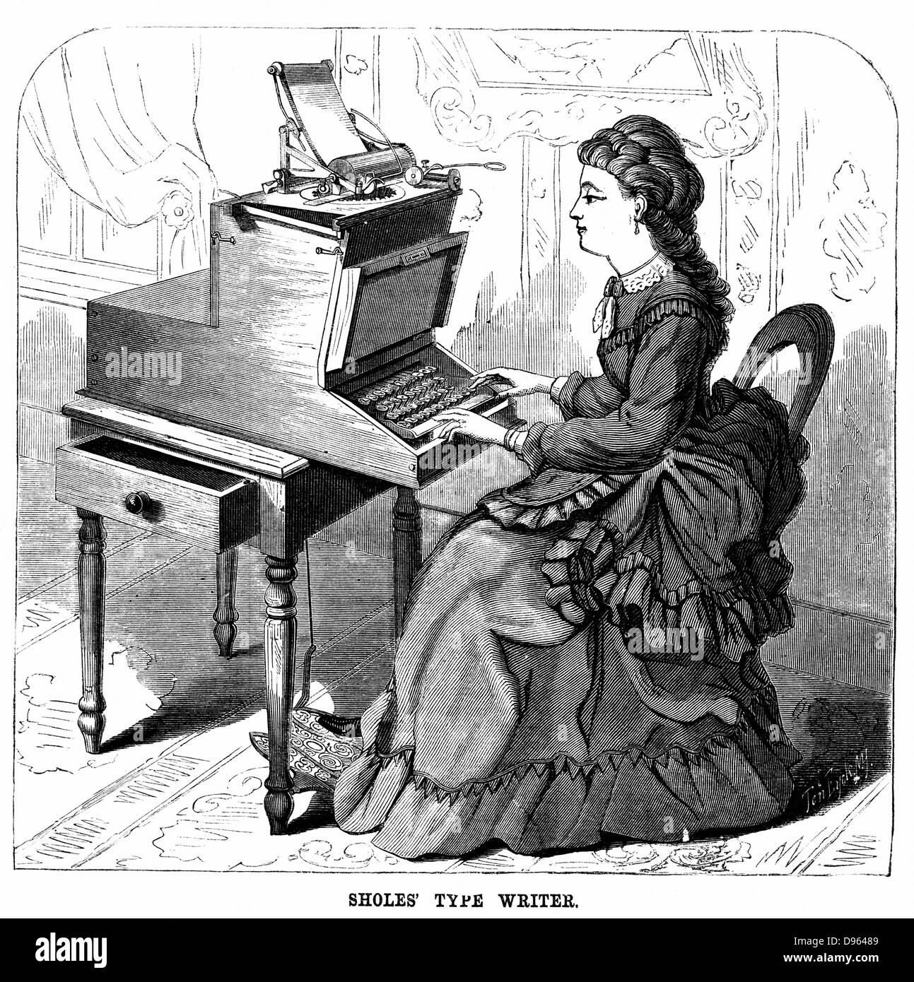 Woman using typewriter by American inventor Christopher Latham Sholes (1819-1890).  Forerunner of 20th century machine, keys had piano action and the carriage moved one space to left for each character struck and keyboard had Qwerty layout.  Sholes sold out to Remington in 1874.  From 'Scientific American' (New York 1872).  Wood engraving. Stock Photo