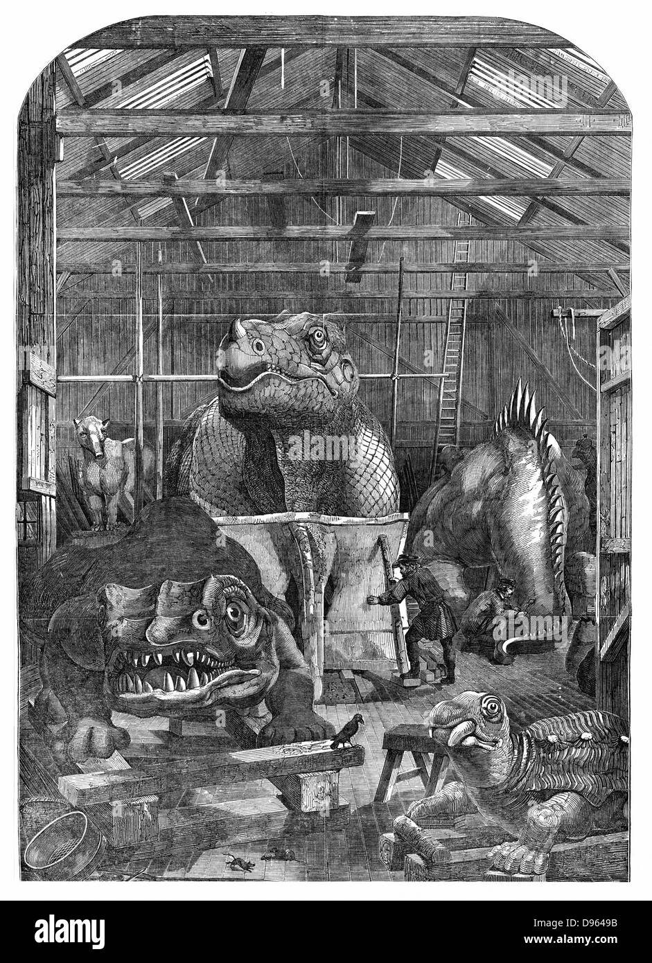 The 'Extinct Animals' model room at Crystal Palace, Sydenham, showing models of dinosaurs being prepared for display. Benjamin Waterhouse Hawkins (1807-1889) prepared the display.  From 'The Illustrated London News' (London, 31 December 1853). Wood engraving. Stock Photo