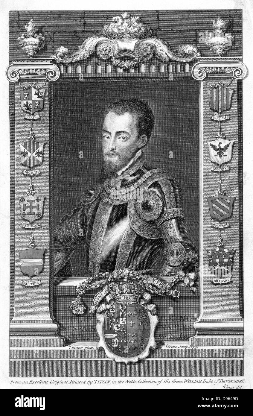 Philip II (1527-98) King of Spain (1556).  Son of Emperor Charles V (1500-1558), husband of Mary I (1518-1558) queen of England from 1553. Copperplate engraving of 1735 by  English printmaker George Vertue (1684-1756) after portrait by Titian (c1488-1576). Stock Photo