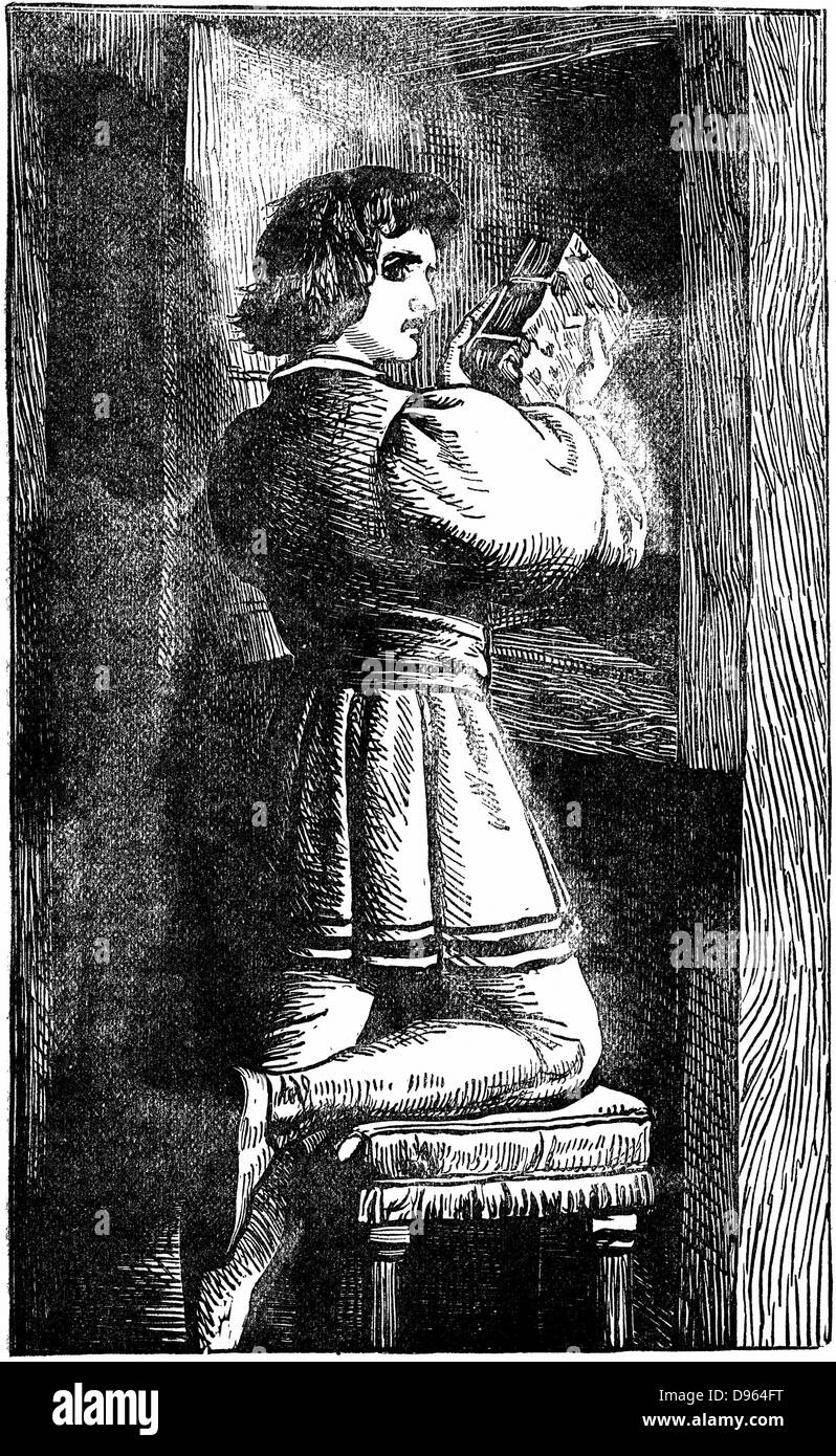Waldenses (Valdenses, Vaudois, Valdesi) Christian sect originating 12th century France. Its devotees followed Christ in simplicity and poverty. Persecuted by Rome.  A Waldensian youth hiding his vernacular Bible c1200. 19th century wood engraving. Stock Photo