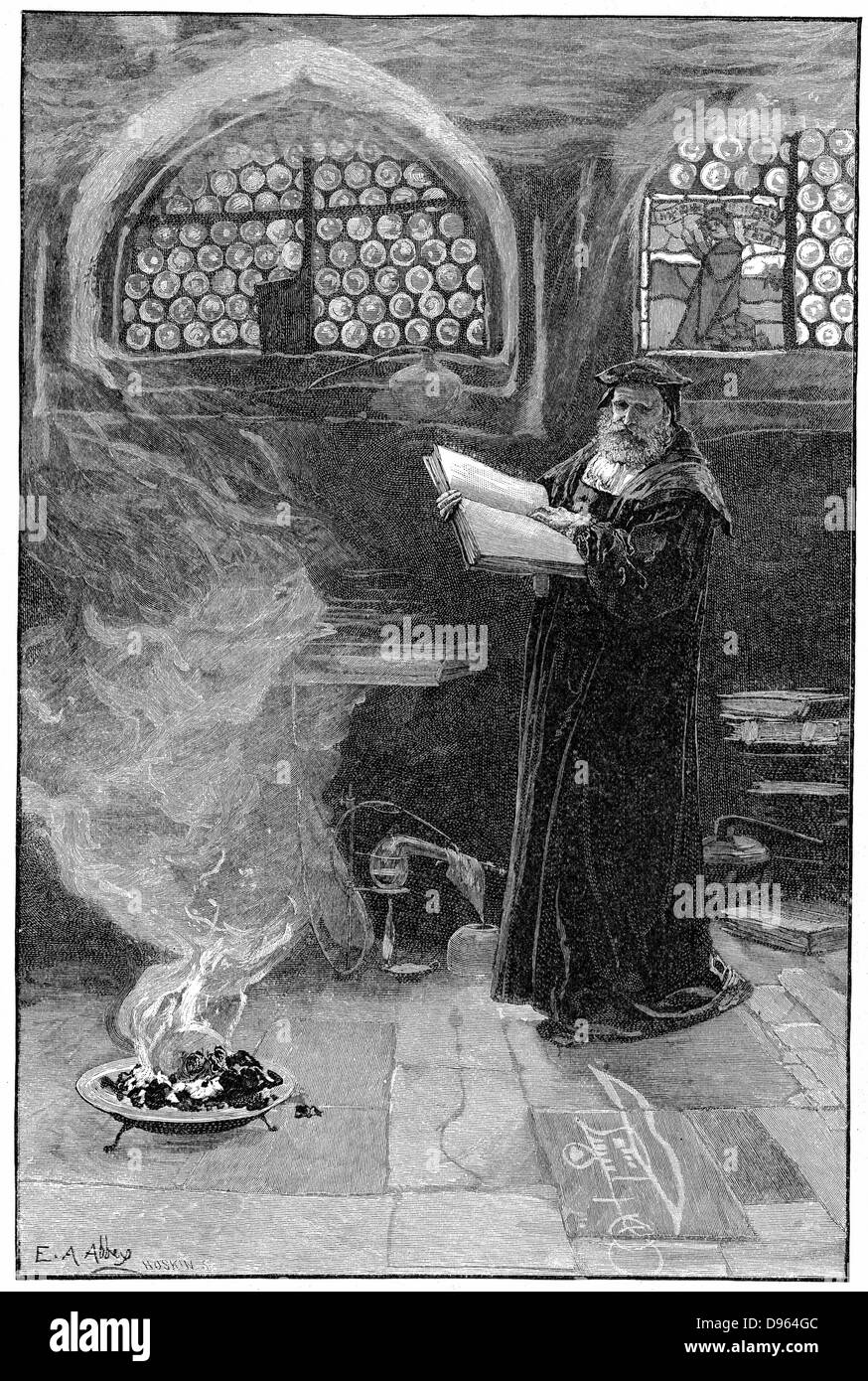 Dr Faustus conjuring up Mephistopheles. Faust formed the subject of dramas by Christopher Marlowe and Goethe. Goethe's version was the basis for Gounod's opera. Legend based on Johann Faust, German wandering conjuror and astrologer c1488-1541. Stock Photo