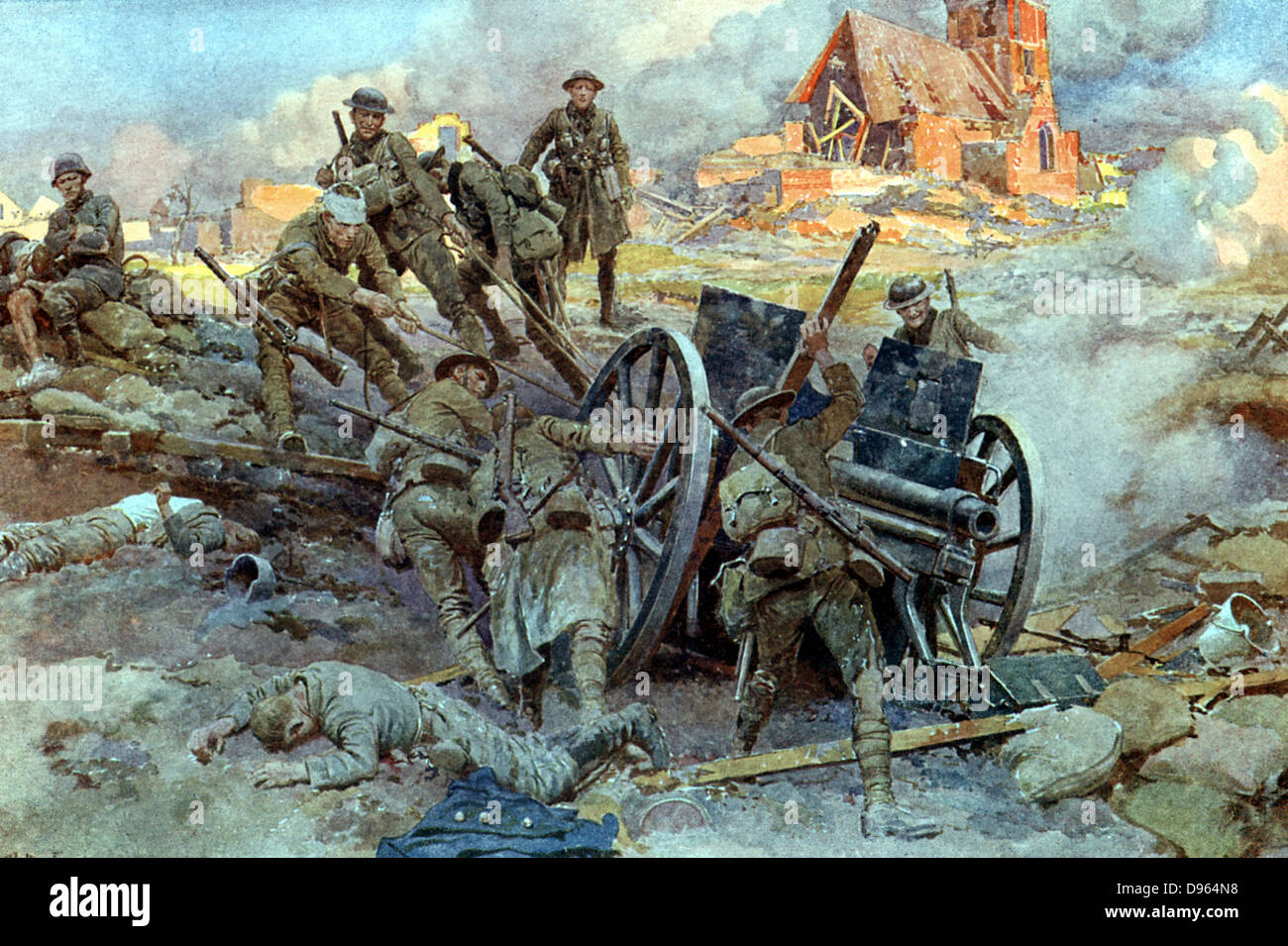 To the Victors!' British troops man-handling a captured German Field Gun as they remove it from its position - 1917/18. Stock Photo