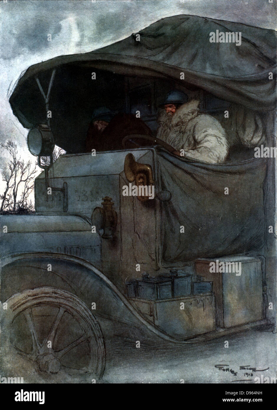 Au Volant' ('At the Wheel').  Motorised transport towards the end of World War I. After watercolour by Georges Scott (1880-1947) French war artist. 1918. CLEAR COPYRIGHT. Stock Photo