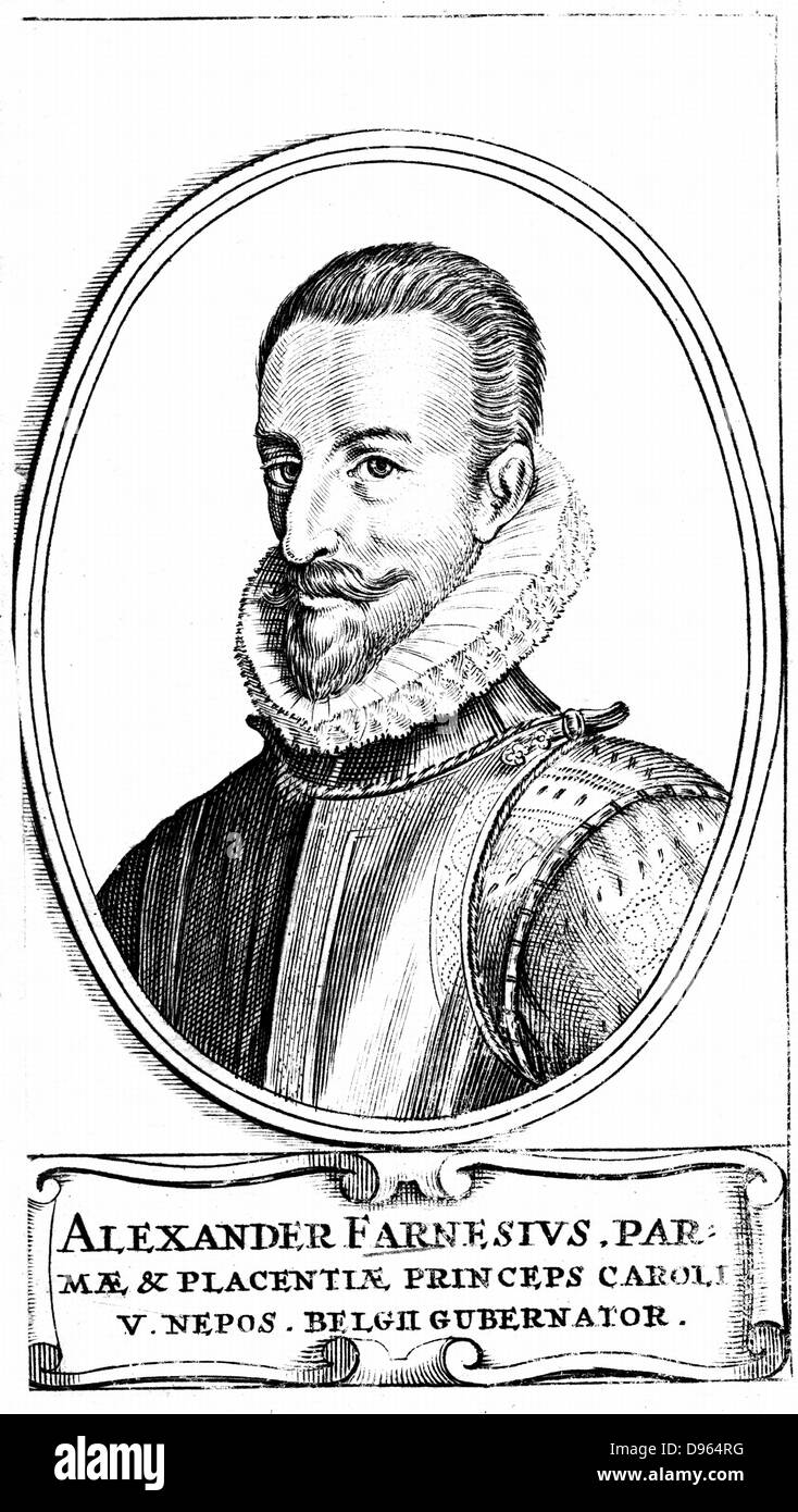 Alessandro Farnese, 3rd Duke of Parma (1546-1592). Nephew of Philip II (1527-1598) king of Spain from 1556. Governor-General of the Spanish Netherlands from 1578. Copperplate engraving by Dutch printmaker Crispian van de Passe the Elder (c1565-1637). Stock Photo