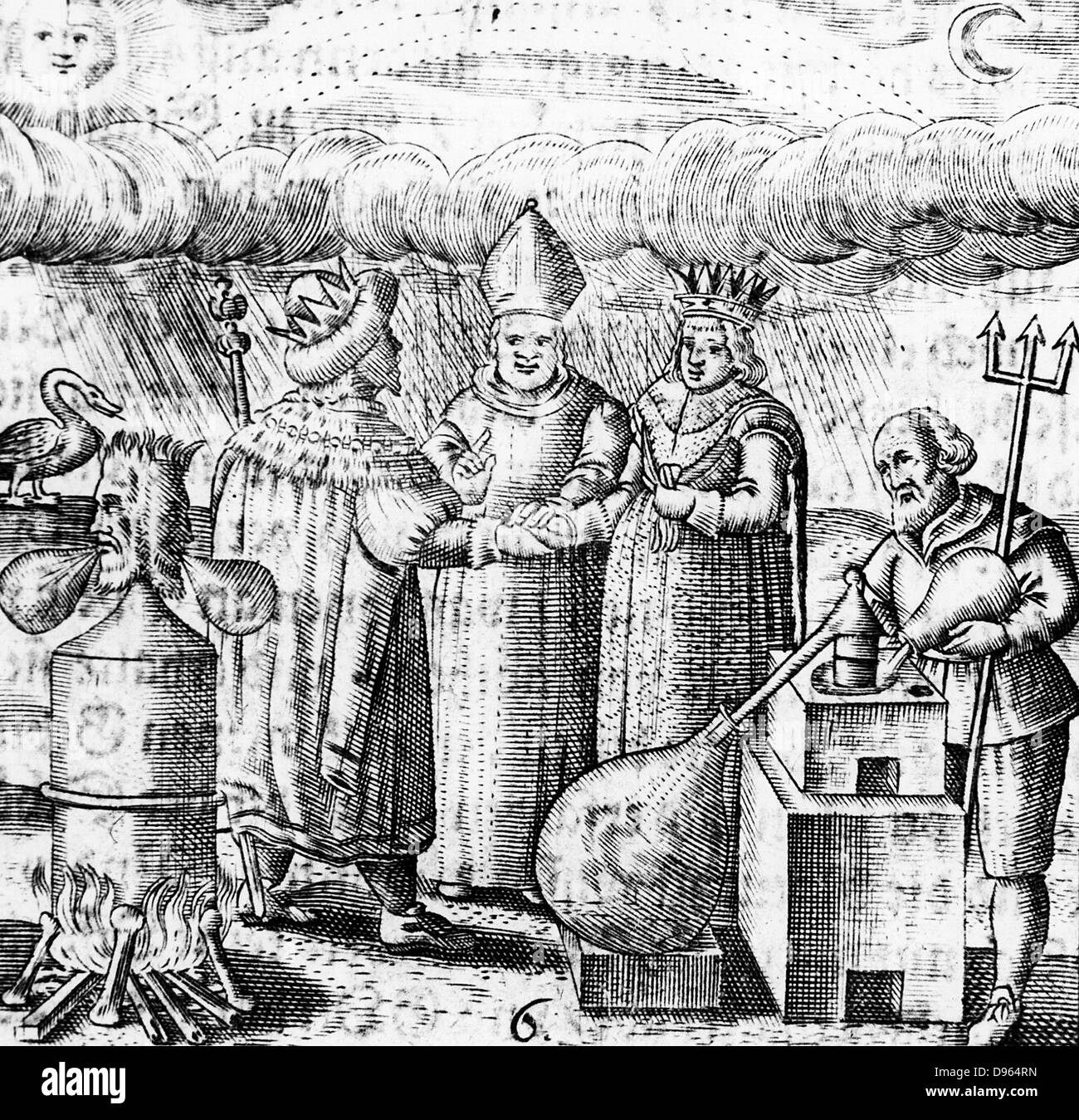 The Sixth Key of Basil Valentine, legendary 15th century German monk, showing the marriage of the alchemical king (gold) and queen (silver) and the process of distillation in furnace using an alembic in water bath or bain marie. From 'Von dem grossen Stein Uhralten' by Basil Valentine (Strasbourg, 1651). Engraving. Stock Photo