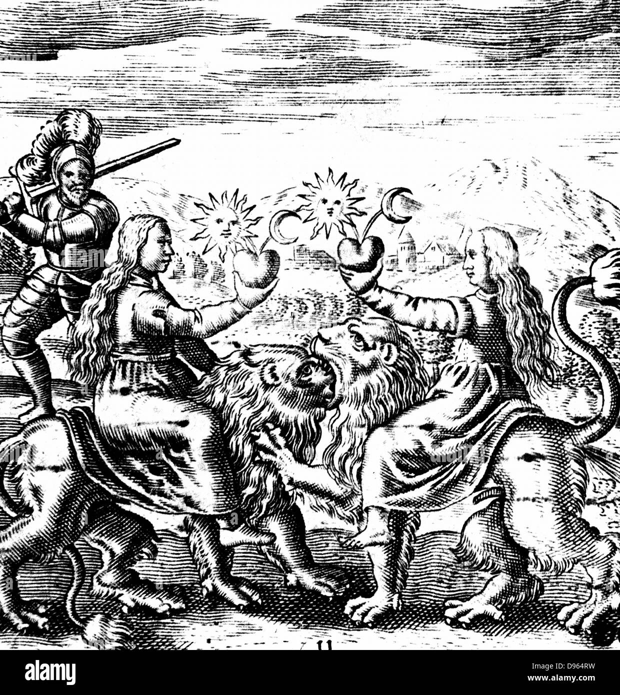 The eleventh key of Basal Valentine, legendary 15th century German monk, symbolising multiplication. Two lions represent sulphur consumed by mercury being transformed, through digestion, into numerous young. From 'Von dem grossen Stein Uhralten' by Basil Valentine (Strasbourg, 1651). Engraving. Stock Photo