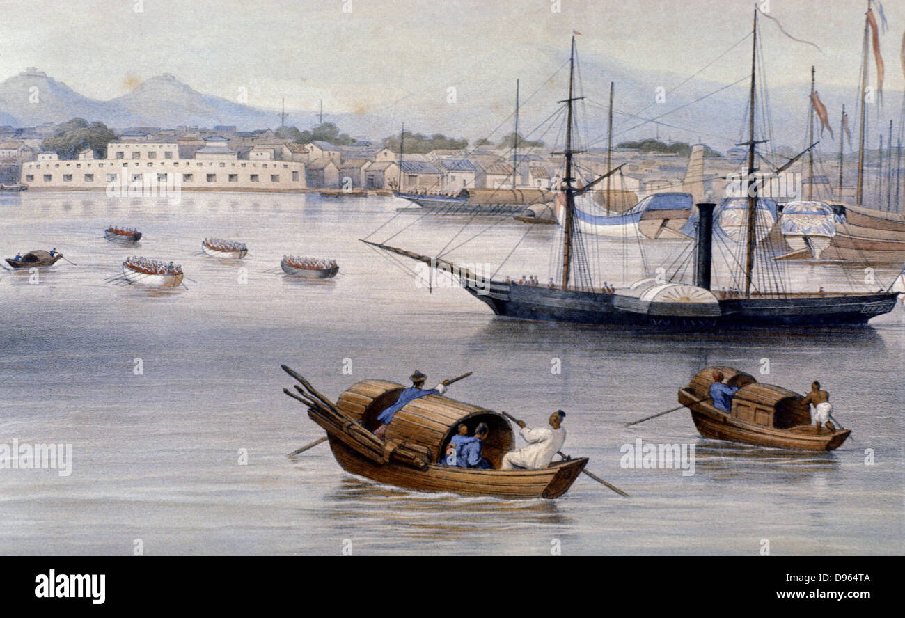 Shanghai harbour c1875. From a watercolour.  Shanghai was one of the Treaty Ports established in 1842 for British traders after China's defeat in the first Opium War (1839-1842).    One of the vessels anchored in the habrour is a paddle steamer. Stock Photo