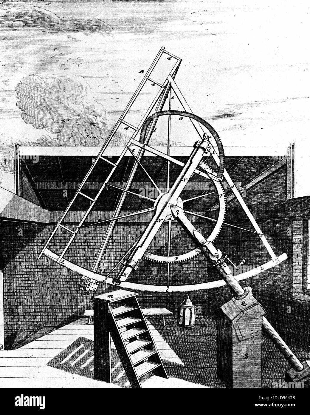 Flamsteed's equatorially mounted sextant fitted with telescope. Side showing gearing for aligning sextant. Flamsteed was the first Astronomer Royal. From 'Historia Coelestis Britannica'  John Flamsteed (London 1725). Engraving. Stock Photo