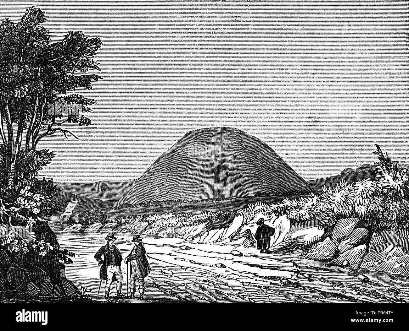 Silbury Hill, Wiltshire, England. Pre-historic earth mound thought to date from c2500 BC.  Largest man-made mound in Europe, its purpose is still unknown.   Woodcut, London, 1836. Stock Photo