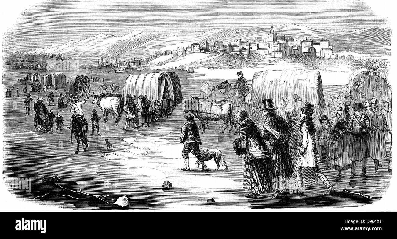 Mormons (Latter-Day-Saints). Mormon exodus from Illinois on the gruelling winter trek across the great plains between the Missouri and the Rockies to found Salt Lake City, Utah, 1846. From 'Illustration' ( Paris 1853). Wood engraving. Stock Photo