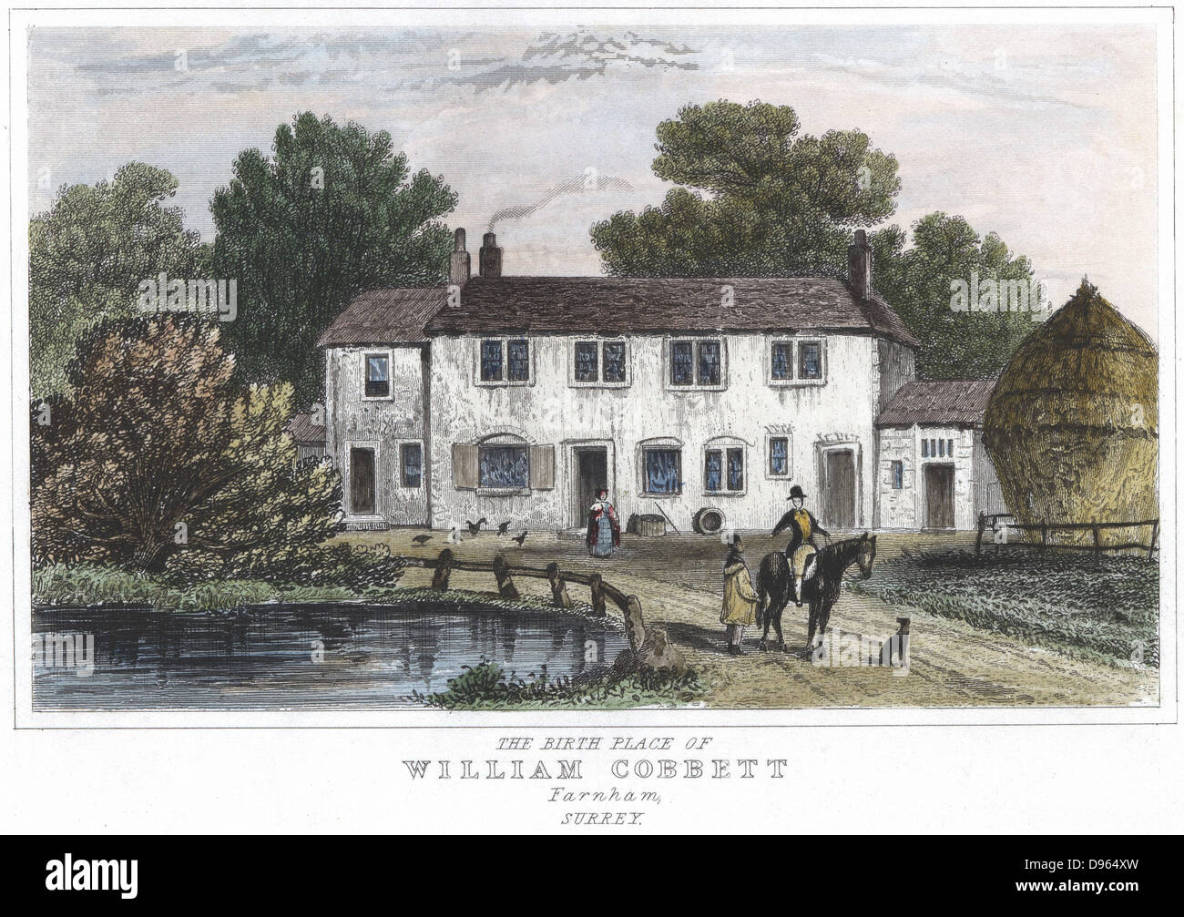 William Cobbett (1763-1835). English writer, champion of the poor and radical politician and publisher. The house at Farnham, Kent, in which Cobbett was born. Print published London 1834. Stock Photo