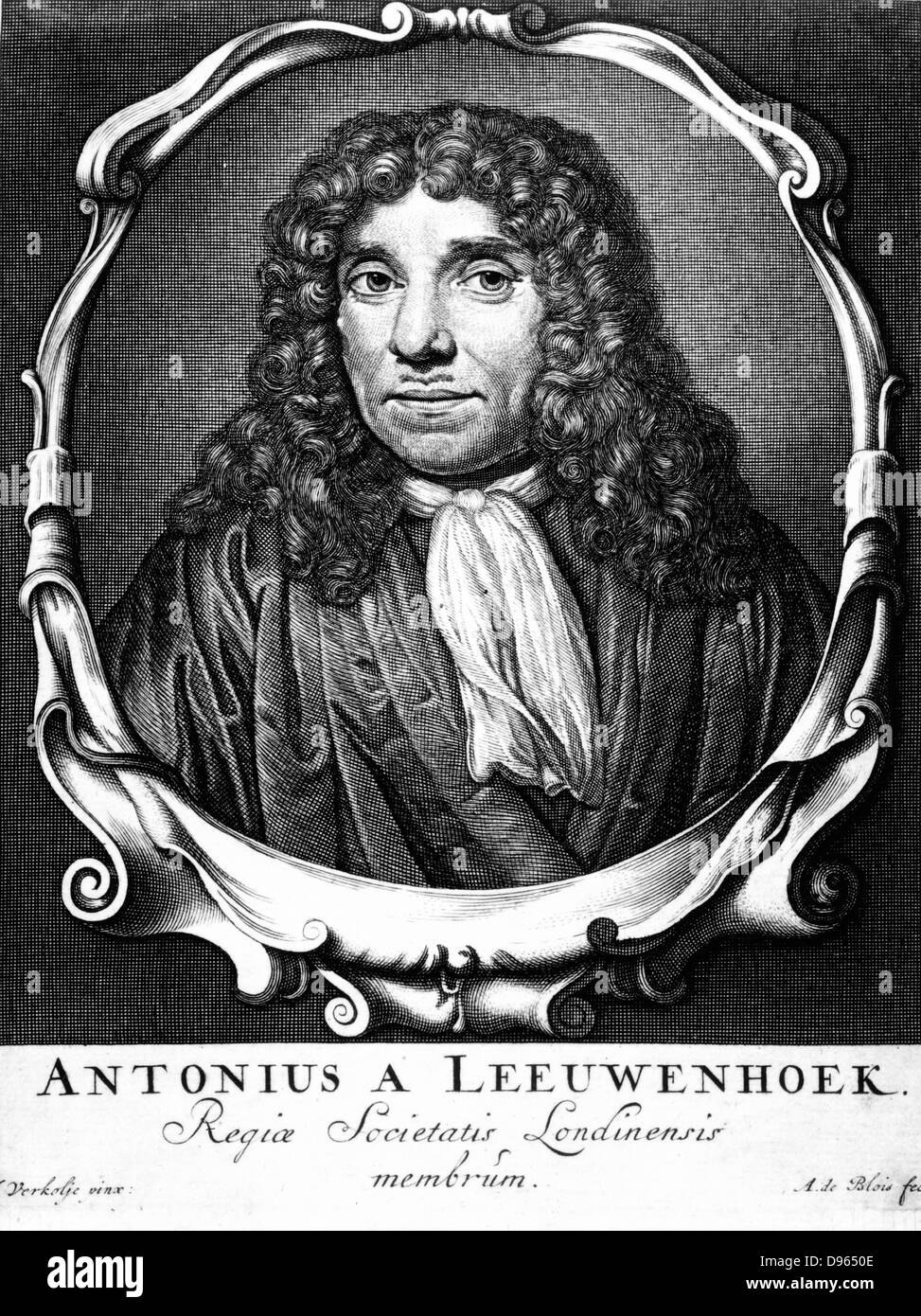 Anton von Leeuwenhoek (1632-1723). Dutch microscopist. Portrait engraving from his 'Arcana naturae detecta', Delft, 1723. Stock Photo