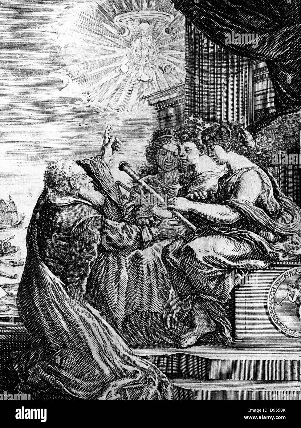 Galileo presenting his telescope to the Muses, and pointing out a heliocentric system of the universe. Note Jupiter and its satellites, the phases of Venus, and the triple nature of Saturn. From 'Operere di Galileo Galilei', Bologna 1655-1656. Engraving Stock Photo