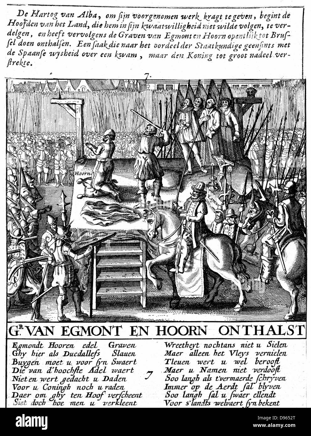 Decapitation of Count Egmont and Hoorn (1568) at Brussels during Spanish tyranny in Netherlands. Duke of Alva, mounted centre right, enforced brutal Spanish (Roman Catholic) rule in Protestant Netherlands 1567-73. Lamoral, Count of Egmont (1522-68), Flemish soldier and statesman is the subject of the Beethoven 'Egmont' overture. Stock Photo