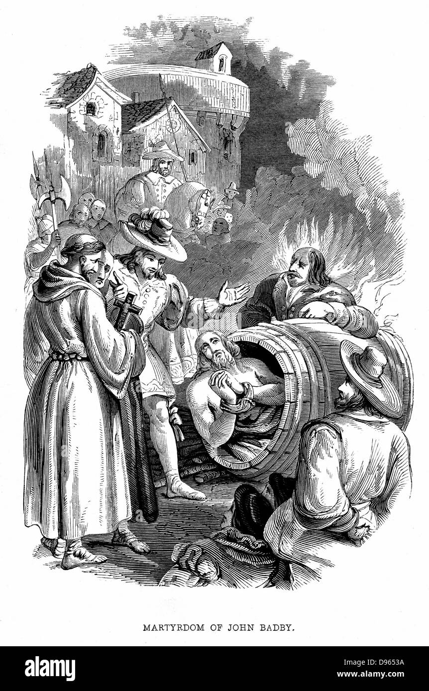 Burning of John Badby (d1410) at Smithfield, London, for heresy. A tailor from Worcester, he was a Lollard and follower of Wycliffe. Denied transubstantiation. Wood engraving, 1848. Stock Photo