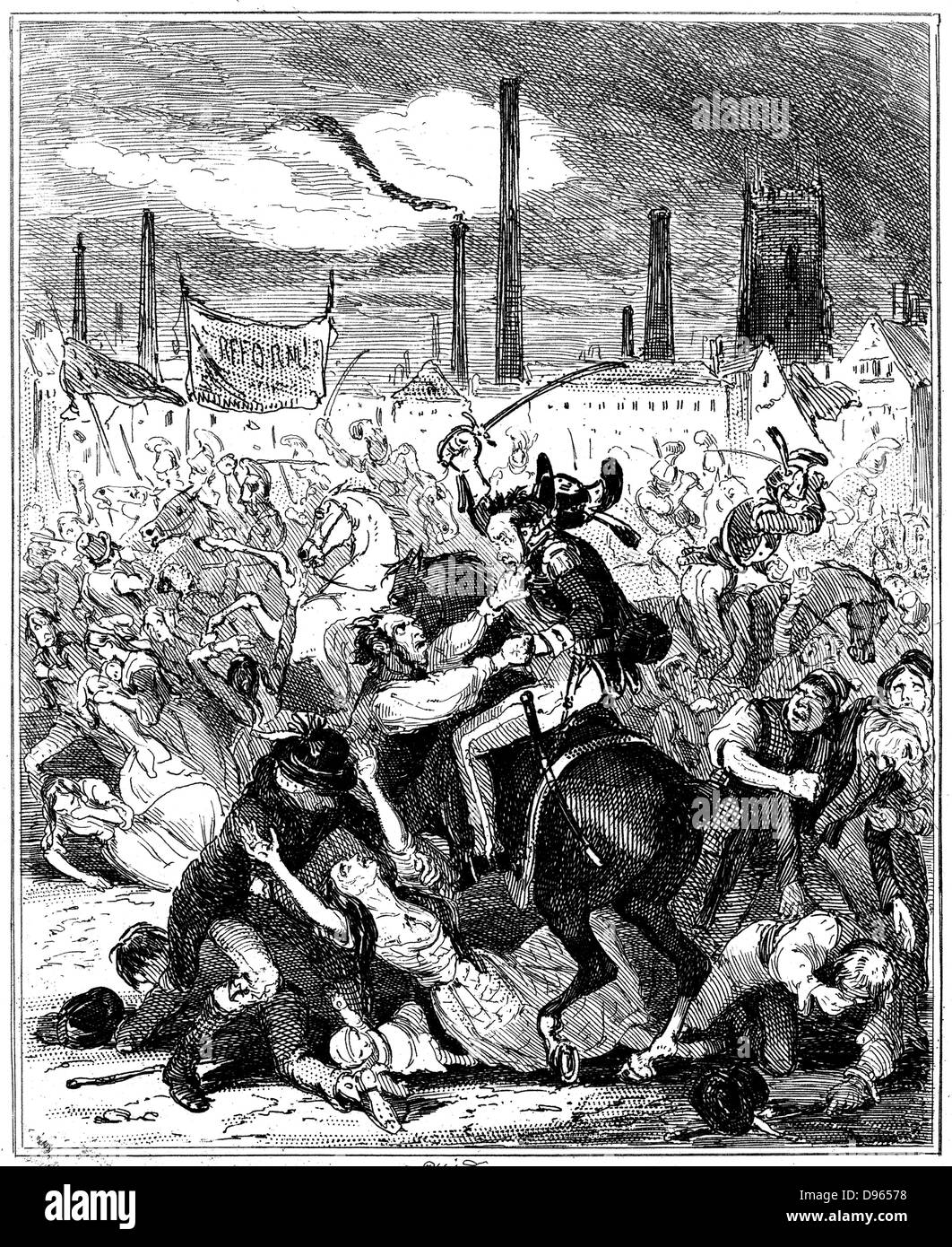 Peterloo Massacre, Manchester, England, 16 August 1819. The 15th Hussars charging an unarmed crowd gathered near St Peter's Church to hear speeches supporting Reform of Parliament and repeal of Corn Laws. 6 of the crowd were killed, about 70 wounded treated in local infirmaries. Illustration by 'Phiz' (Hablot Knight Browne) for 'The Chronicles of Crime' by Camden Pelham (London, 1887). Stock Photo