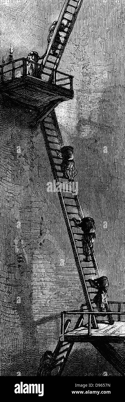 Women climbing ladders to carry coal up a mineshaft. Scotland, early nineteenth century. Wood engraving from L. Simonin 'Mines and Miners', London, c1865. Stock Photo