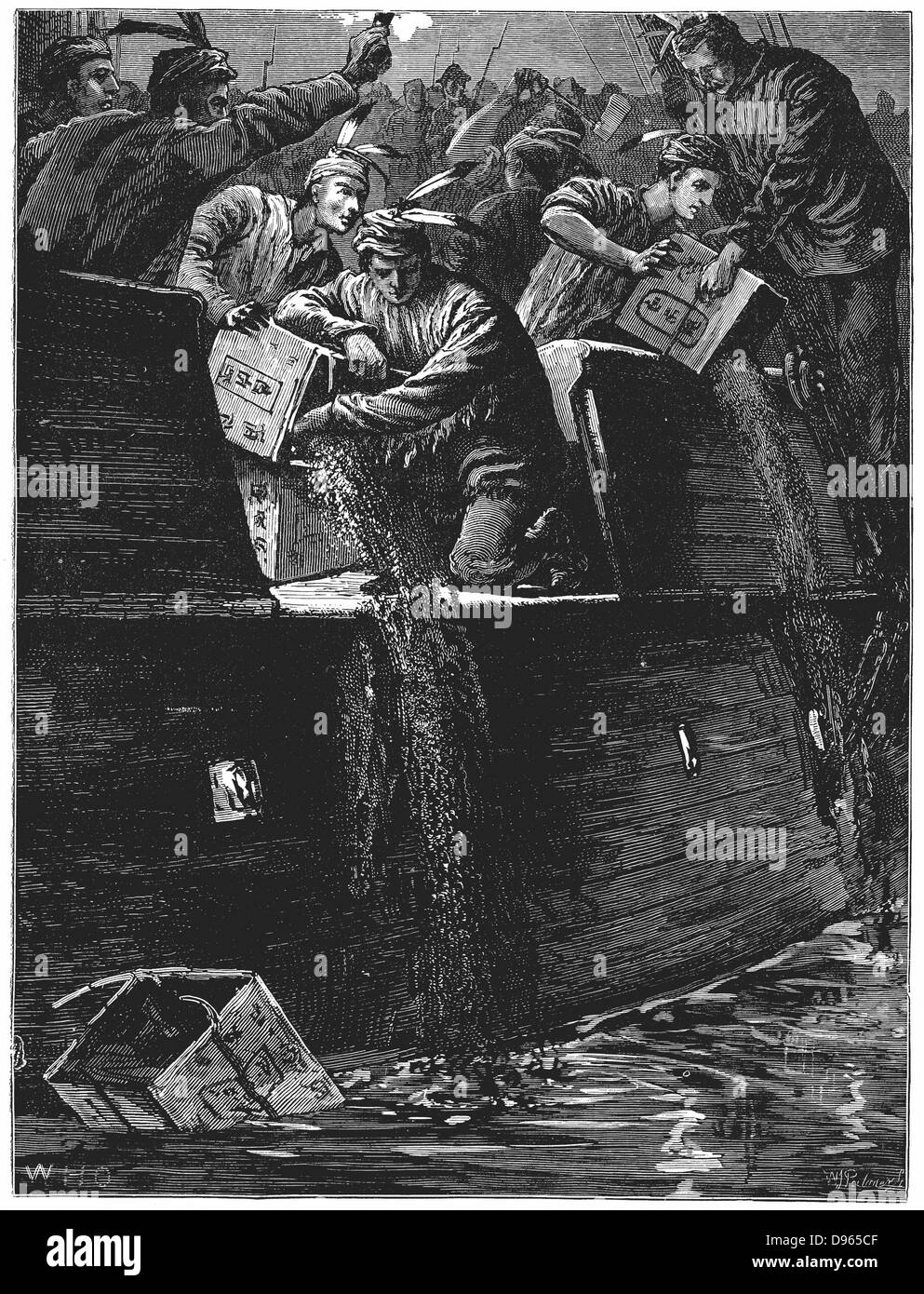 Boston Tea Party, 26 December 1773. Inhabitants of Boston, Massachusetts, dressed as American Indians,  throwing tea from vessels in the harbour into the water as a protest against British taxation. 'No taxation without representation'. Wood engraving, late 19th century. Stock Photo