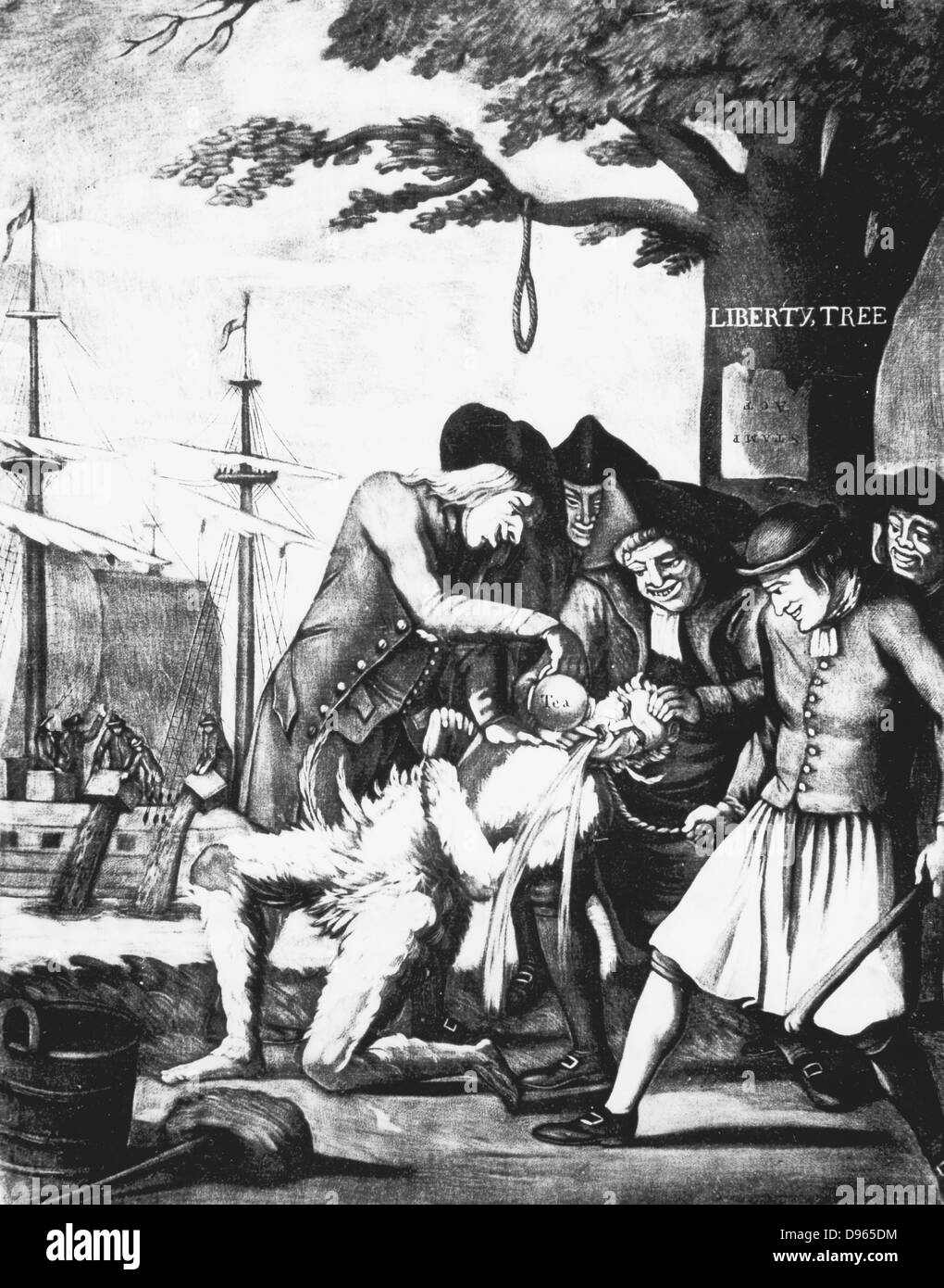 Boston Tea Party, 16 December 1773. Bostonians tarring and feathering the Excise man and forcing tea down his throat. In background tea is being dumped in the harbour. Protest against British rule.  'No taxation without representation'. Lithograph. Stock Photo