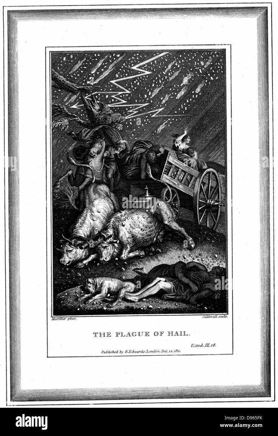 The Plague of Rain and Hail', one of the Seven Plagues of Egypt. 'Bible' Exodus 9.18. Engraving by English designer and engraver James Caldwall (1739-c1789) after the French designer and engraver Clement Pierre Marillier (1740-1808). Stock Photo