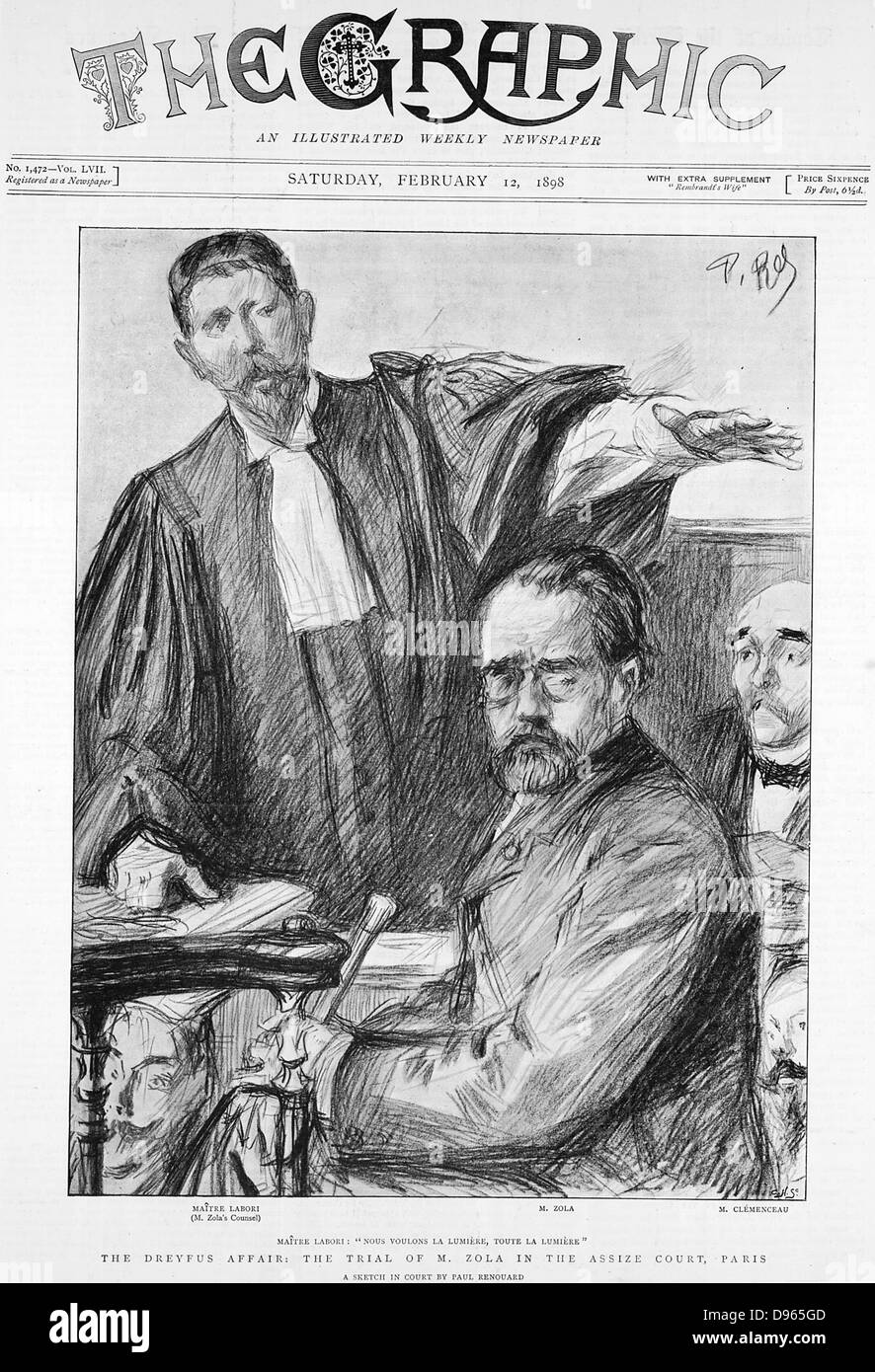Emile Zola (1840-1902) French novelist, on trial for defamation of French military authorities for writing a letter to the press referring to the Esterhazy court martial in his effort to obtain justice for Alfred Dreyfus c1859-1935). Sentenced to a year in prison but escaped to England. From 'The Graphic', London, 12 February 1898. Stock Photo