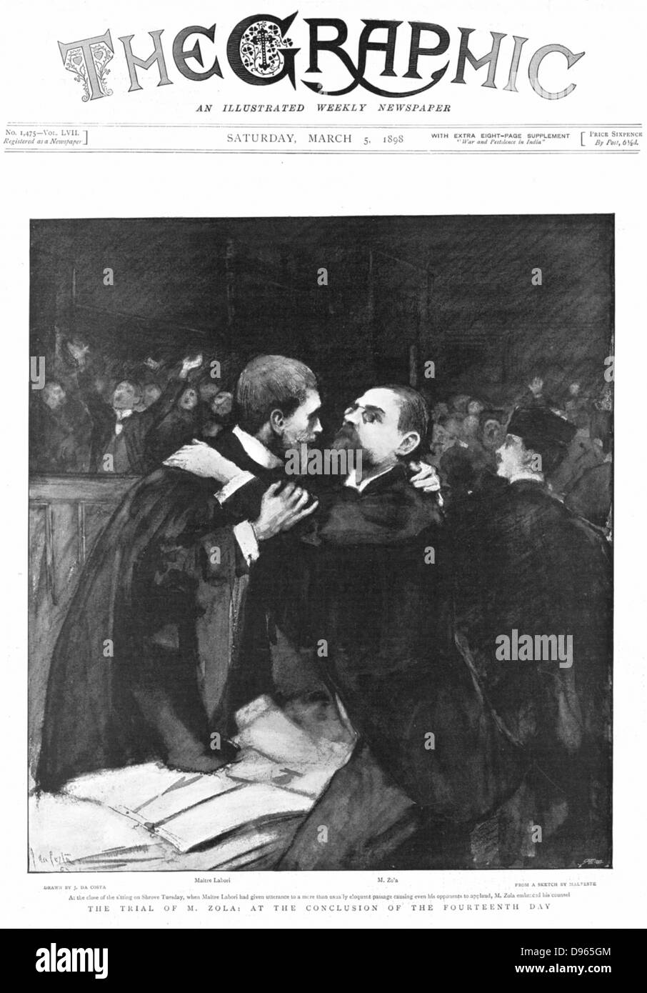 Emile Zola (1840-1902) French novelist, on trial for defamation of French military authorities for writing letter to the press referring to the Esterhazy court martial in his effort to obtain justice for Alfred Dreyfus. Zola embracing his counsel on hearing the verdict. He was sentenced to a year in prison but escaped to England. From 'The Graphic', 5 March 1898. Stock Photo