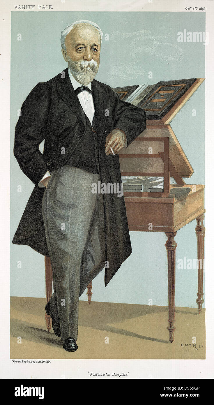Justice to Dreyfus'. Emile Zola (1840-1902) French novelist. Cartoon by Jean Baptiste Guth (fl1883-1921) from 'Vanity Fair' (London October 1898) while he was taking refuge in England after being sentenced to a year in prison during his campaign to obtain justice for Alfred Dreyfus (c1859-1935). Chromolithograph. Stock Photo