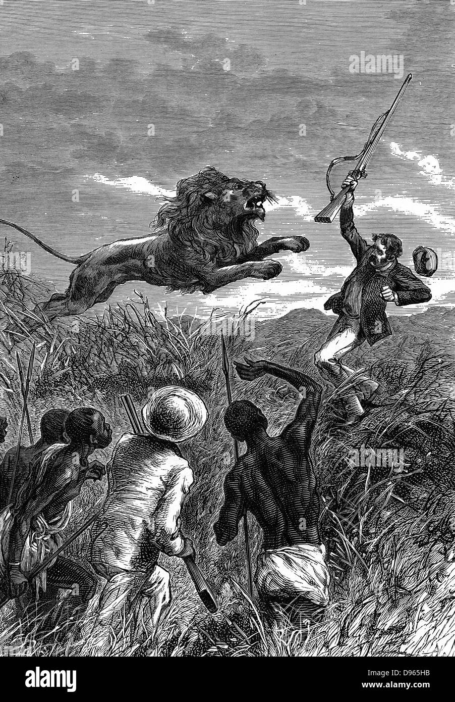 David Livingstone (1813-1873) Scottish missionary and African explorer. Livingstone being charged by a lion. Saved by Mebalwe, a native schoolmaster, who shot the animal. From 'Heroes of Britain' Edwin Hodder (London c1860). Wood engraving. Stock Photo