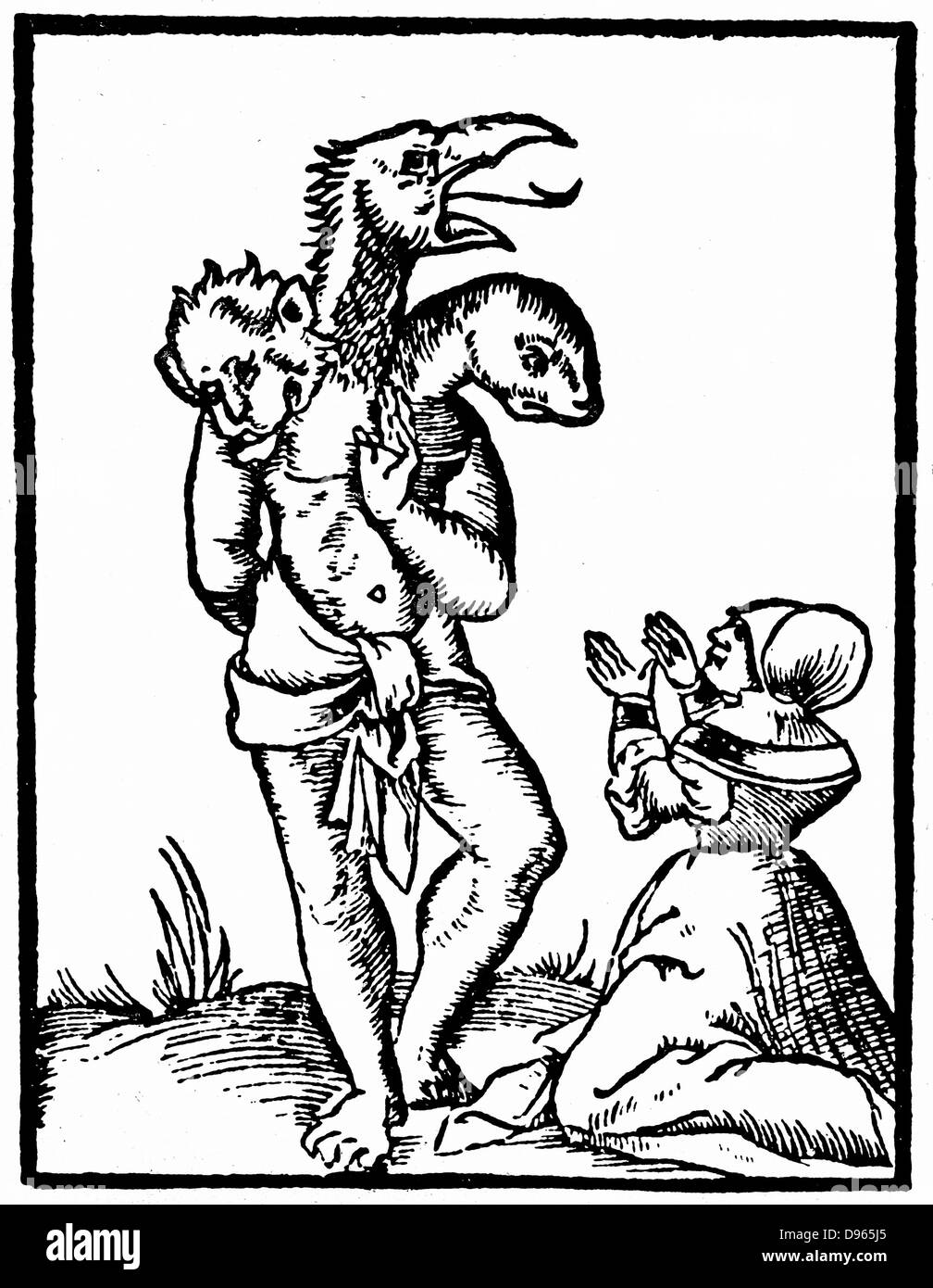 Witch summoning up a monster. This was supposed to have happened in front of Marcomir, King of the Franks. Woodcut from Sebastian Munster 'Cosmographia universalis', Basle, 1544. Stock Photo