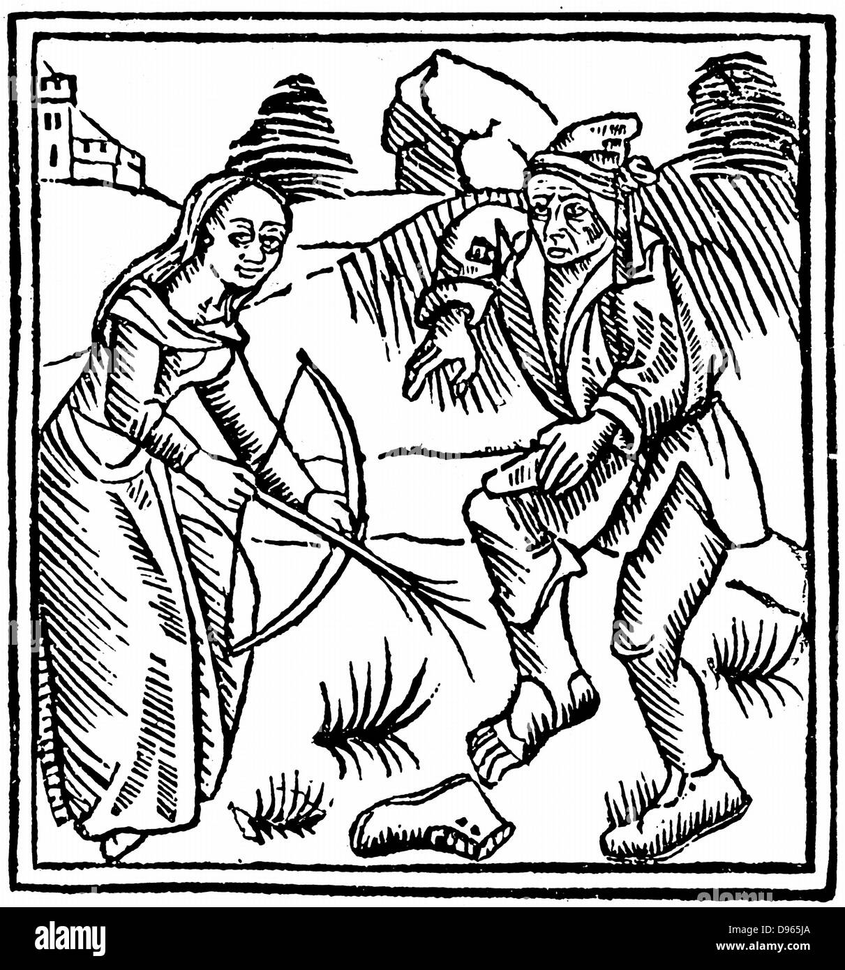 Witch shooting a man in the foot with an enchanted arrow made from a hazel wand. From Ulrich Molitor 'De Laniis et phitonicis mulieribus', Constance, 1489. Woodcut. Stock Photo