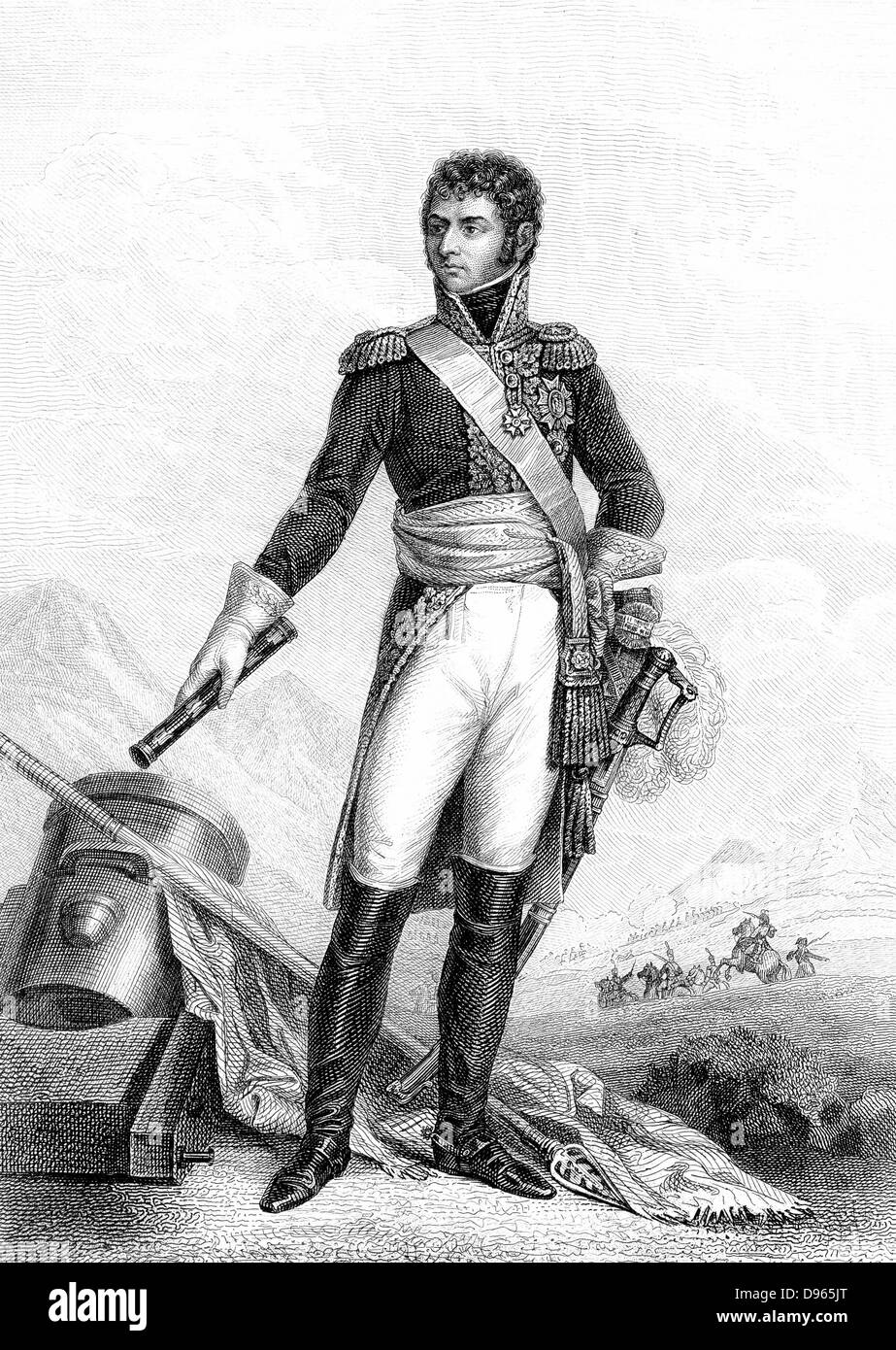 Jean Baptiste Jules Bernadotte  (1763-1844) French revolutionary soldier: Marshal of France under Napoleon: elected Crown Prince of Sweden 1810: King Charles XIV John (1818-1844). Engraving after portrait by FJ Kinson showing him standing beside a mortar. Stock Photo